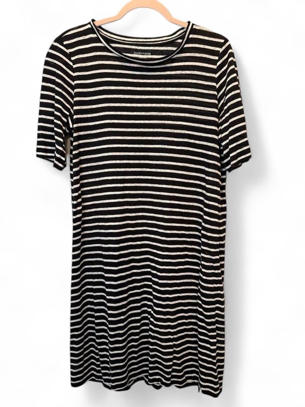 Eileen Fisher Black and White Striped 100% Organic Linen Midi T-Shirt Dress